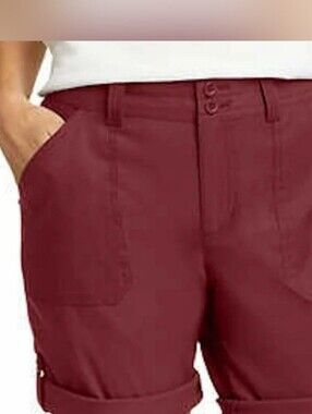EDDIE BAUER WOMEN'S ROLLED HEM BERMUDA SHORTS. SIZE 14. MAROON